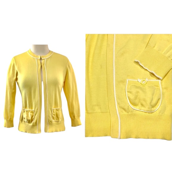Yellow Cotton Lilly Pulitzer Cardigan with white piping and pockets - Picture 2 of 9